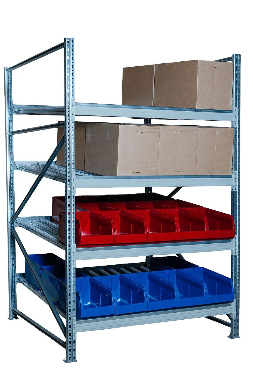 Гравитационные стеллажи с роликовыми полками — в наличии! FIFO-хранение