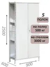 Стеллаж-шкаф СТ-600 с сплошными дверьми и сетчатой стенкой 2500х1000х600, 5 полок