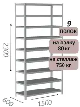 Стеллаж металлический полочный МС-750 2300х1500х600, 9 полок, светло-серый