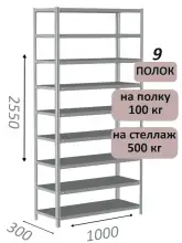 Стеллаж MS Standart 255х100х30, 9 полок, серый